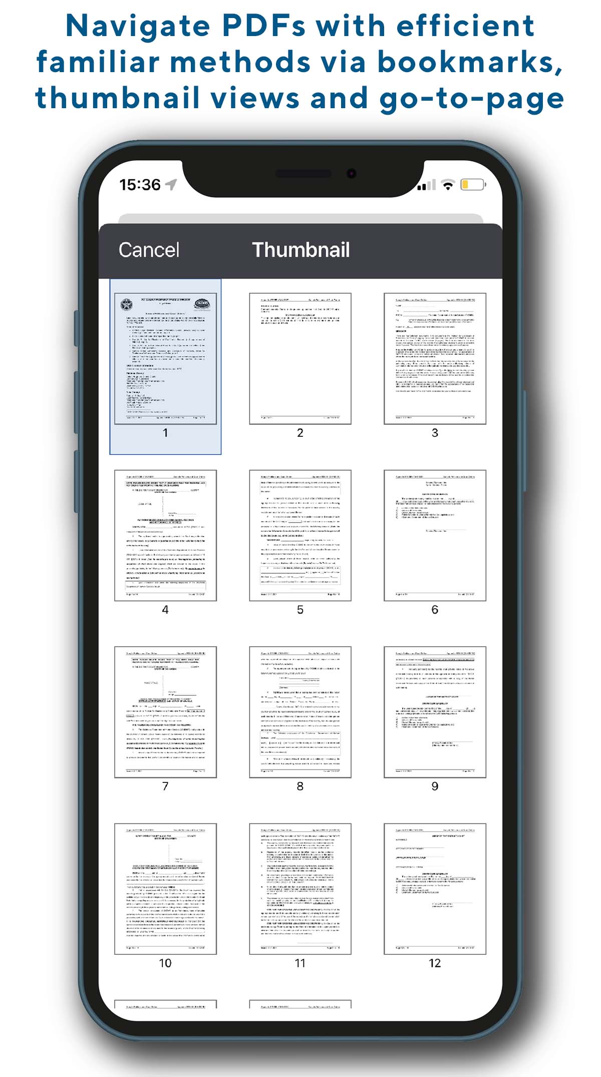 Navigate PDFs with efficient familiar methods via bookmarks, thumbnail views and go-to-page