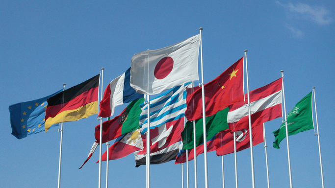 Various country flags waving